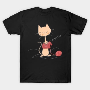 Orange Knitting Cat - Black T-Shirt
